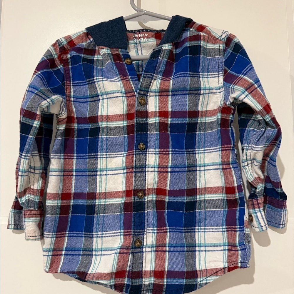 Carter's Boys Plaid Hooded Button-Up Shirt - Blue & Red